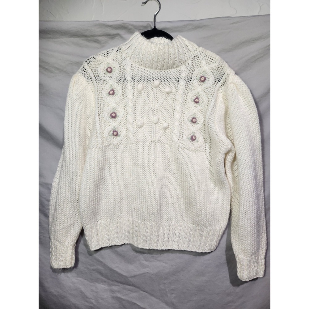 Vintage Sugar Co LTD Hand Knit Grannycore Chunky Sweater Womens LRG Floral 90s